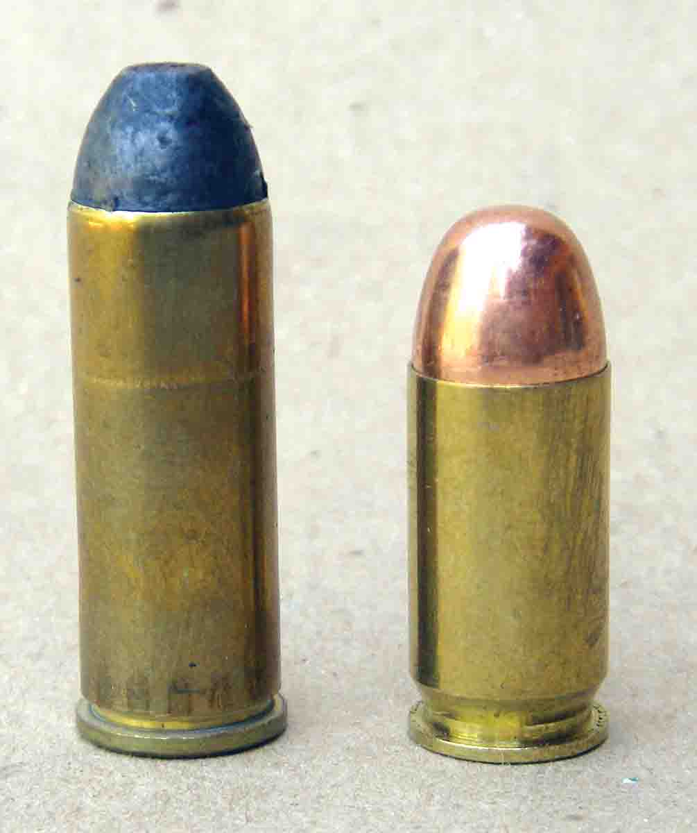 The .45 ACP (right) was developed at the request of the U.S. military and produced similar performance to military .45 Colt (left) loads.